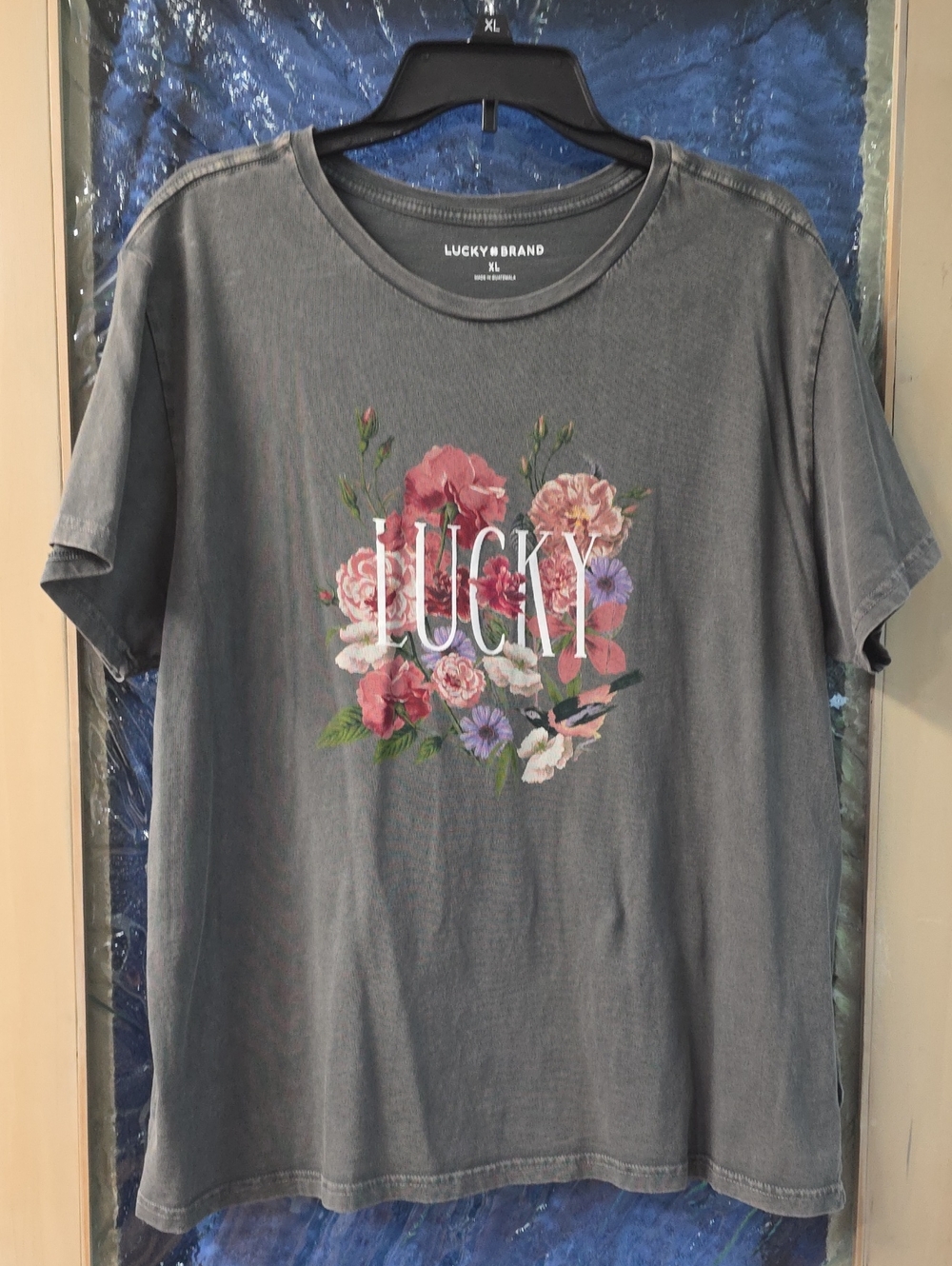 Lucky Brand Gray Tee with Pink and Purple Floral Logo